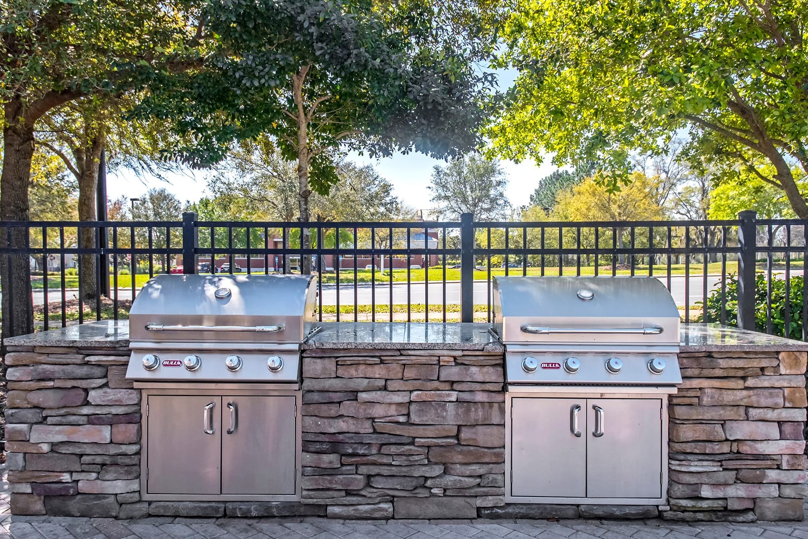 Grill Stations Outdoor grilling stations at The Savoy at Southwood Apartments